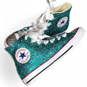 Teal Crystal Diamond High Top Converse Sizes 5-14 New In Box With Ribbon Lacs